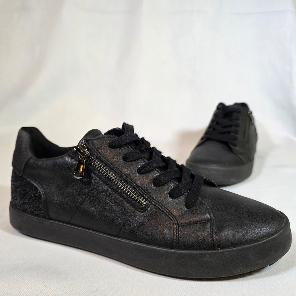 GEOX Respira Blomiee Black‎ Leather Glitter Zip Sneakers Womens 10 EUR 40